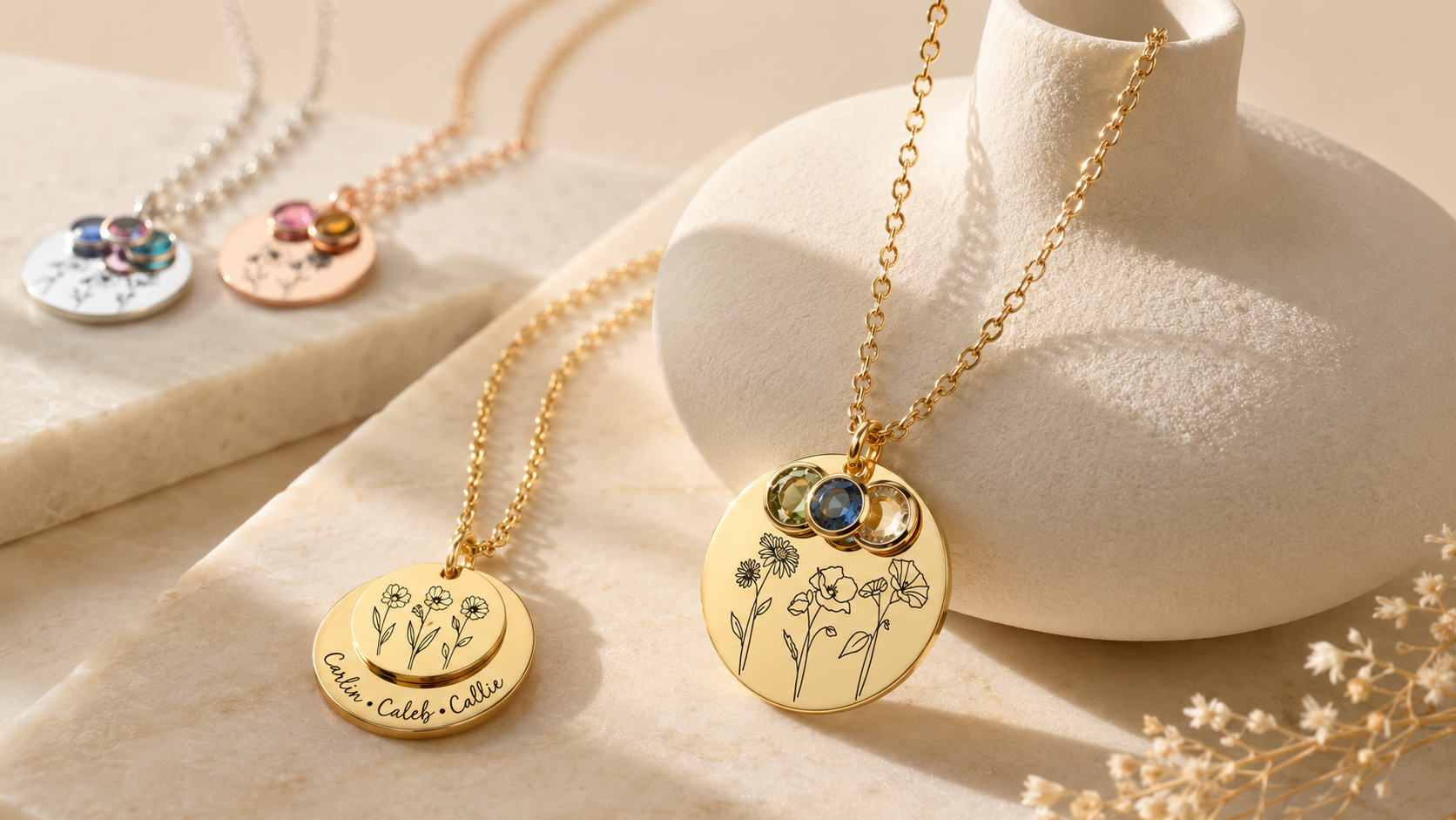 Personalized gold birth flower and birthstone necklaces engraved with family names